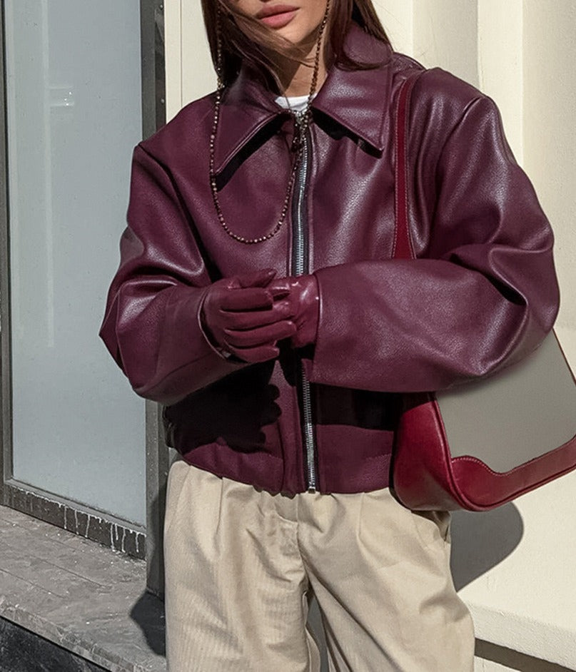 Faux Leather Wide Collar Zip Front Oversized Jacket - Burgundy