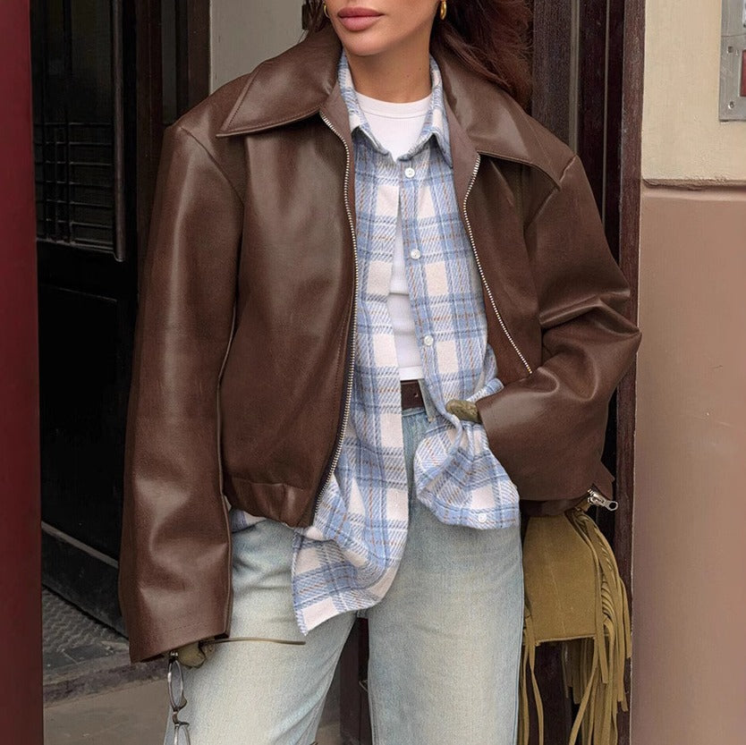 Faux Leather Wide Collar Zip Front Oversized Jacket