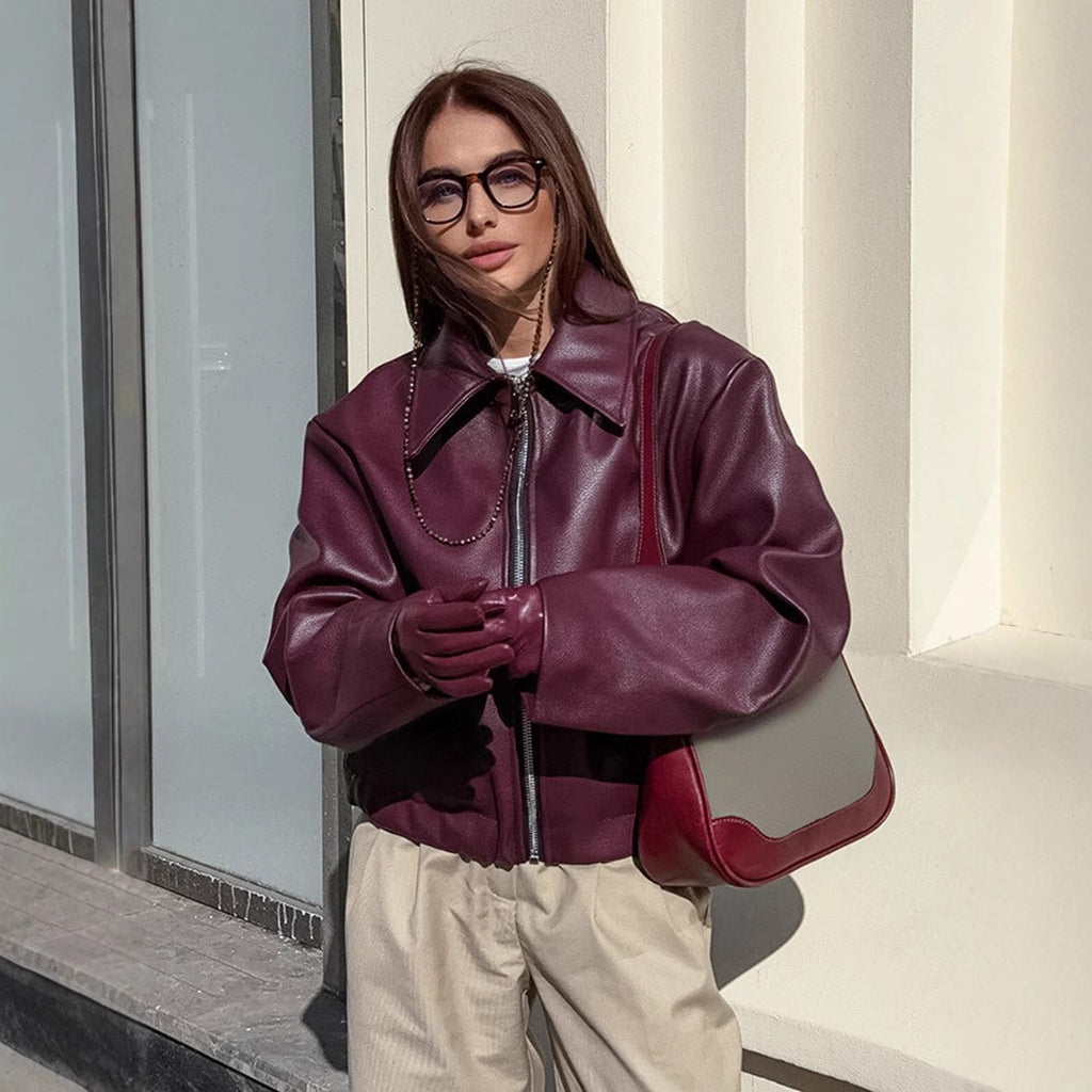 Faux Leather Wide Collar Zip Front Oversized Jacket