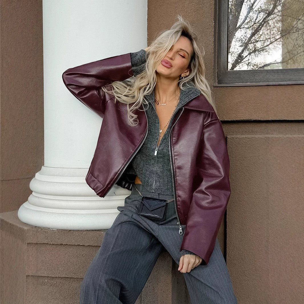 Faux Leather Wide Collar Zip Front Oversized Jacket