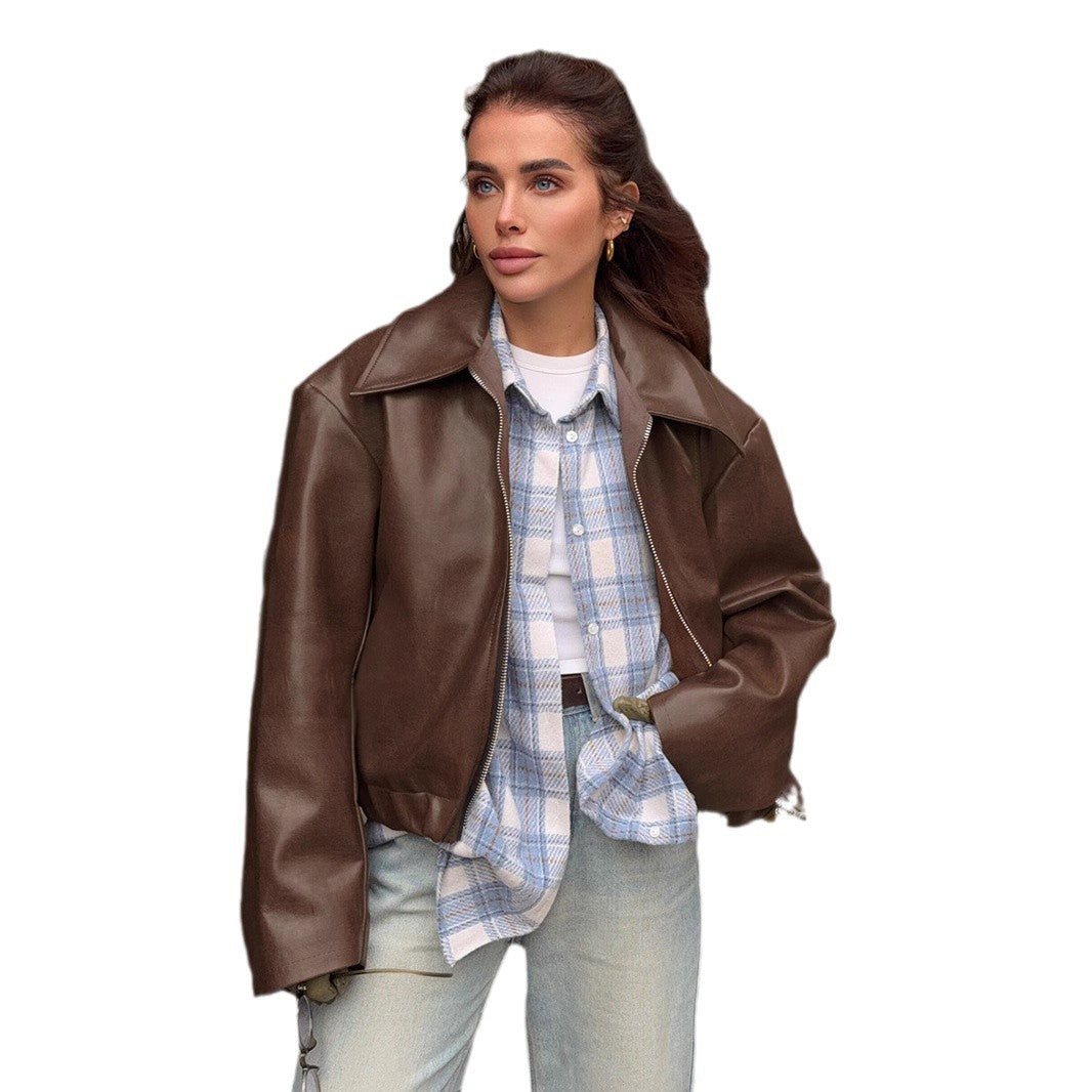 Faux Leather Wide Collar Zip Front Oversized Jacket