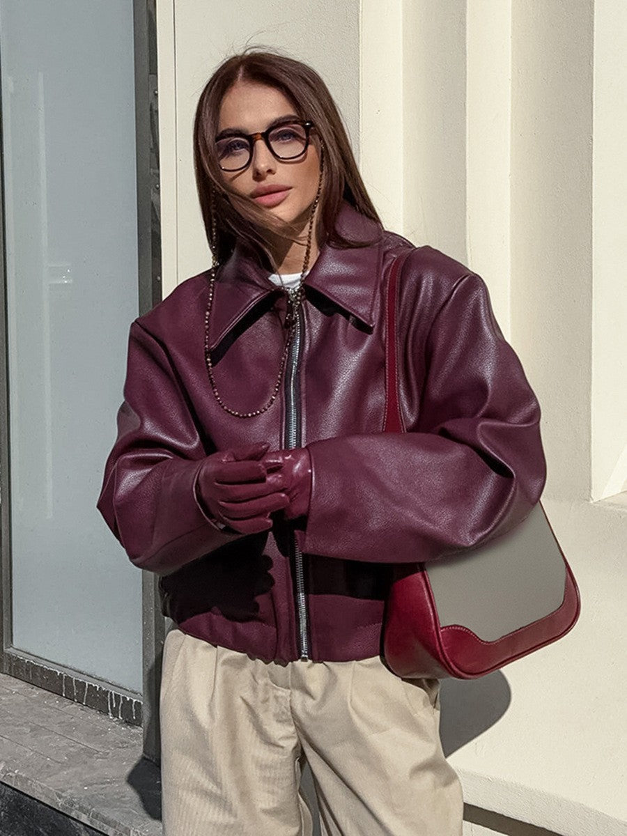 Faux Leather Wide Collar Zip Front Oversized Jacket