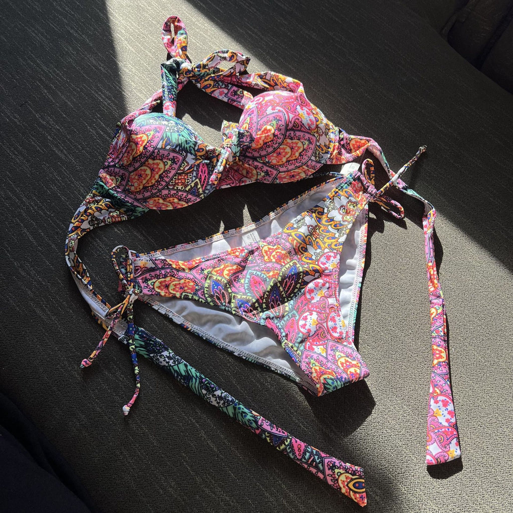 Paisley Print Halter Molded Cup Bikini Set - Purple - 3