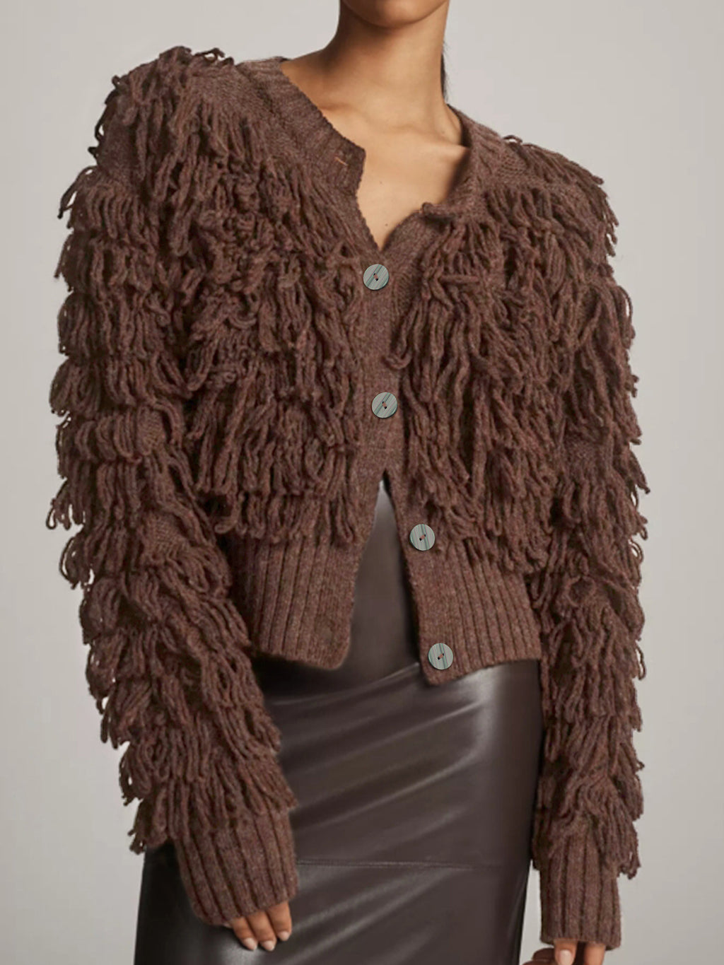 Shaggy Loop Fringe Button Knit Cardigan - Coffee