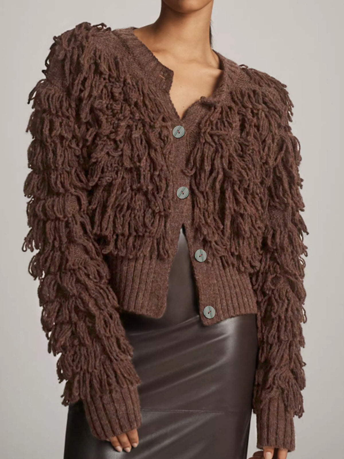 Shaggy Loop Fringe Button Knit Cardigan - Coffee