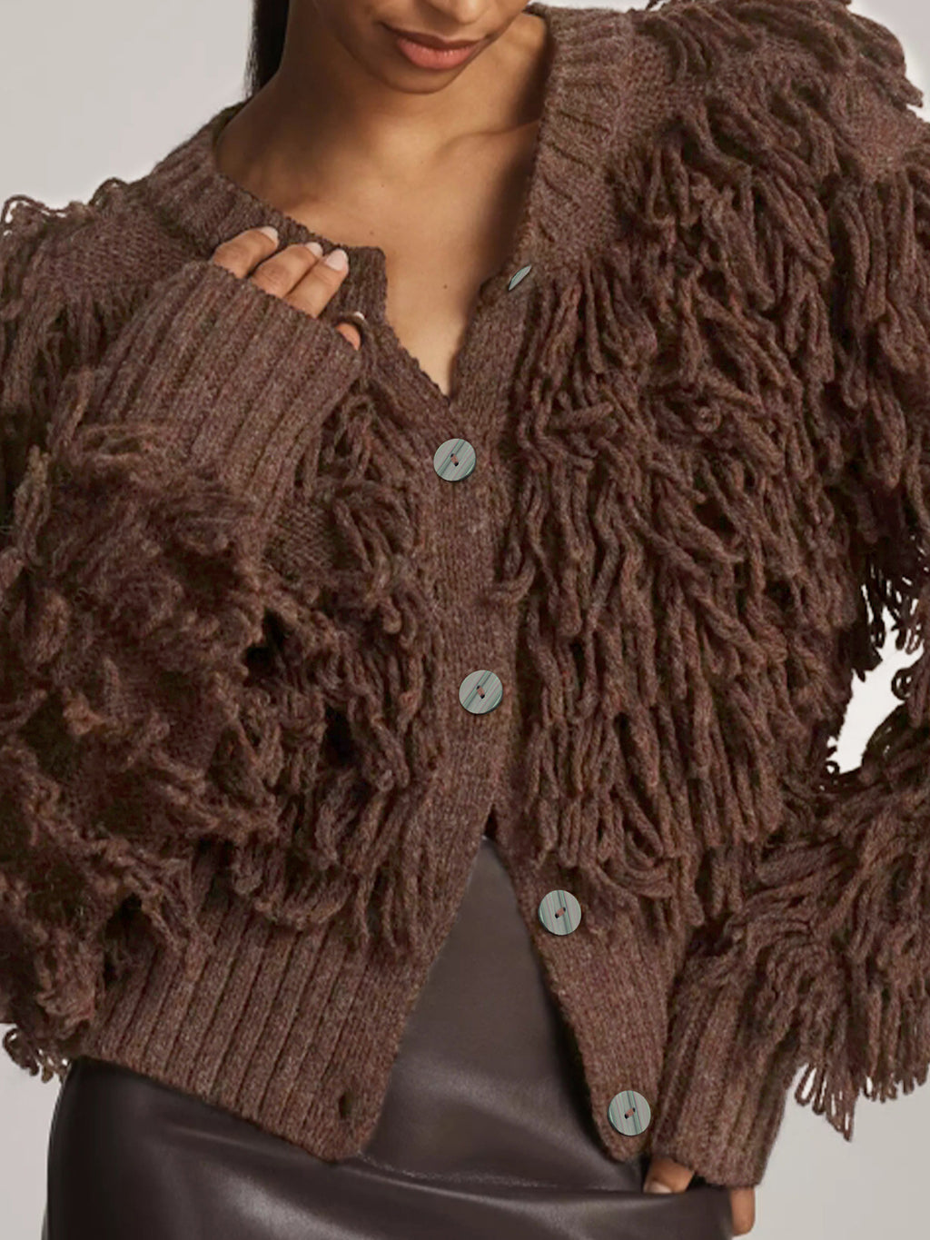 Shaggy Loop Fringe Button Knit Cardigan - Coffee - 4