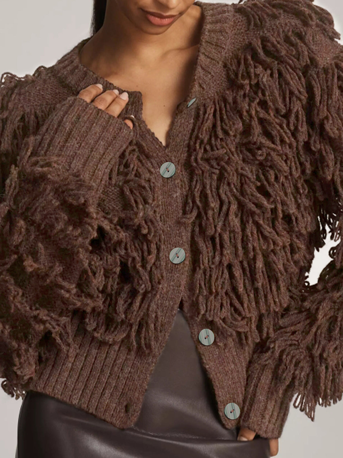 Shaggy Loop Fringe Button Knit Cardigan - Coffee - 4