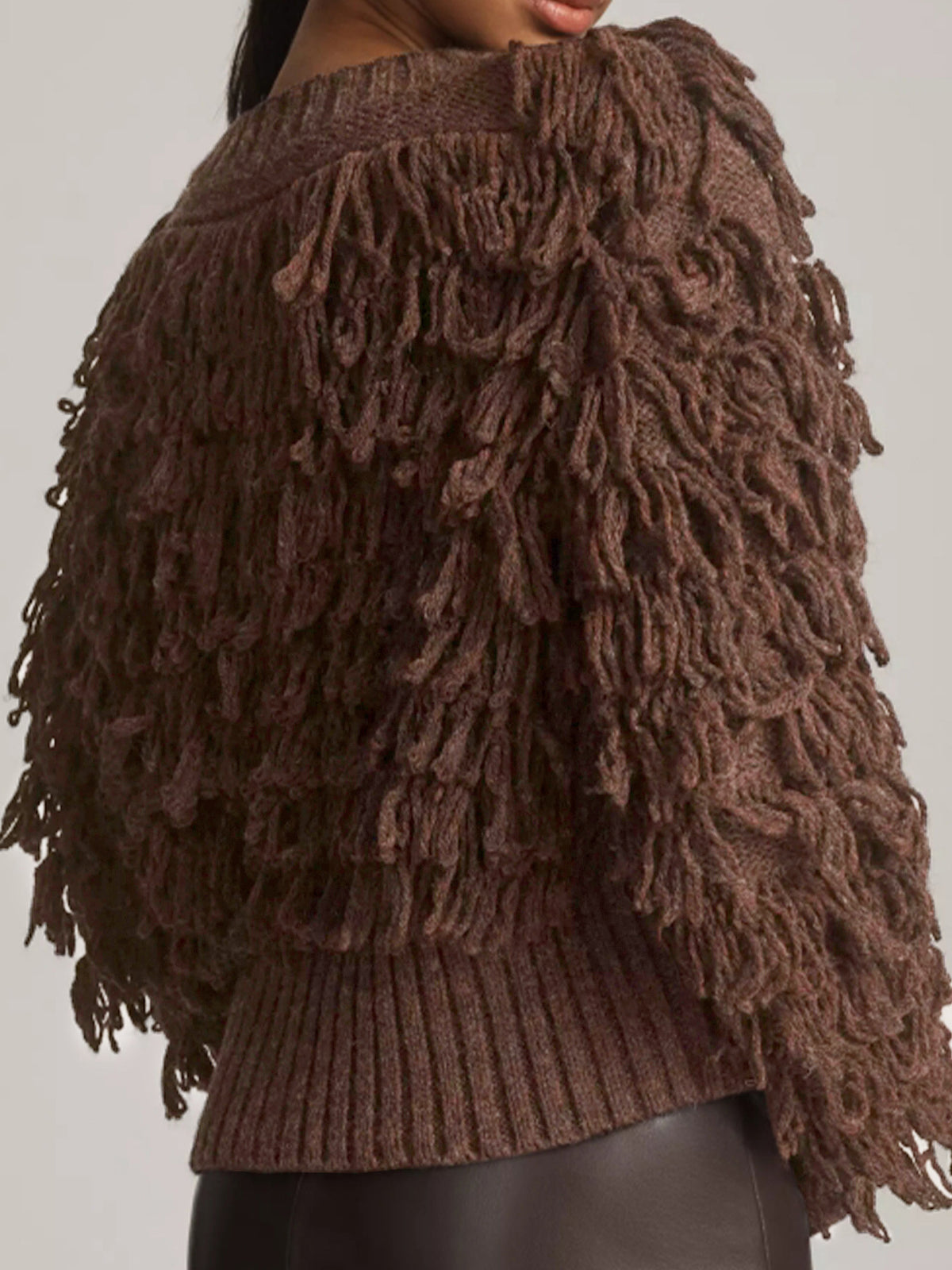 Shaggy Loop Fringe Button Knit Cardigan - Coffee - 5