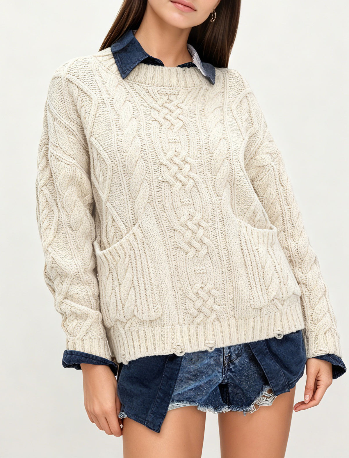 Patch Pocket Cable Knit Pullover Sweater - Apricot