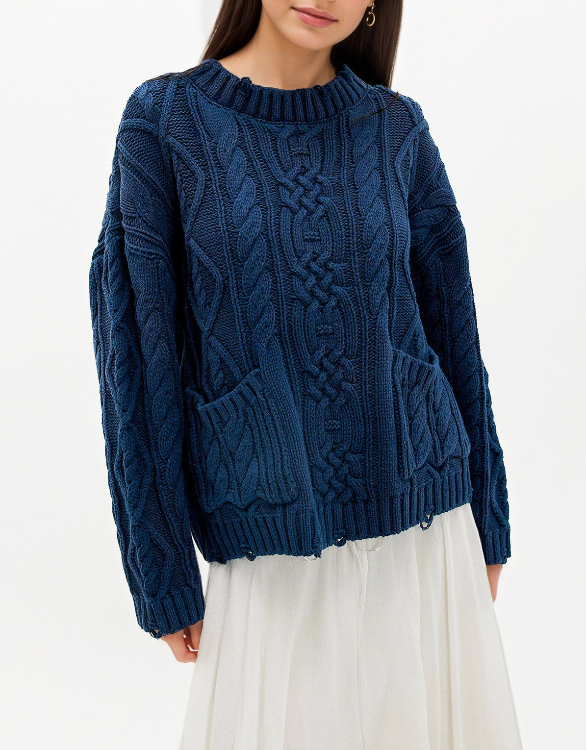 Patch Pocket Cable Knit Pullover Sweater - Blue