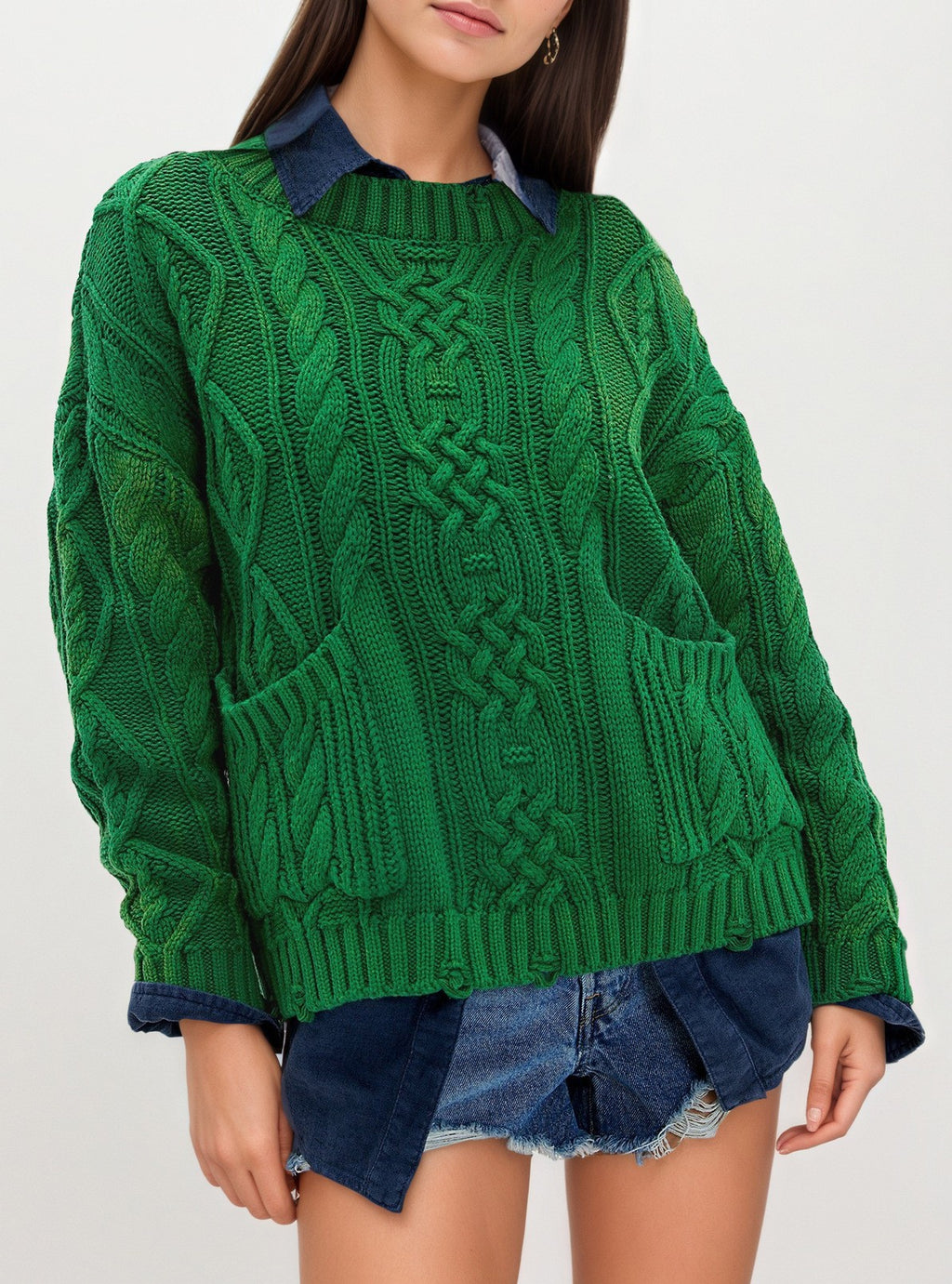 Patch Pocket Cable Knit Pullover Sweater - Green