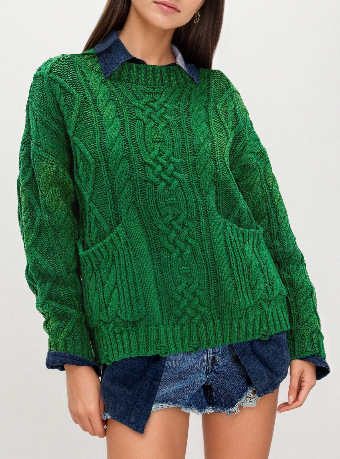Patch Pocket Cable Knit Pullover Sweater - Green