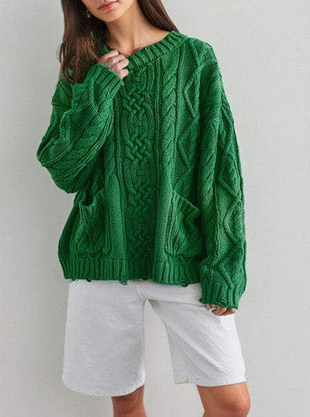 Patch Pocket Cable Knit Pullover Sweater - Green - 1