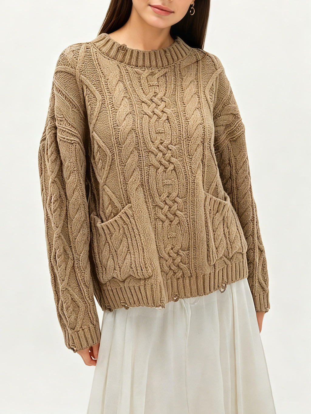 Patch Pocket Cable Knit Pullover Sweater - Khaki