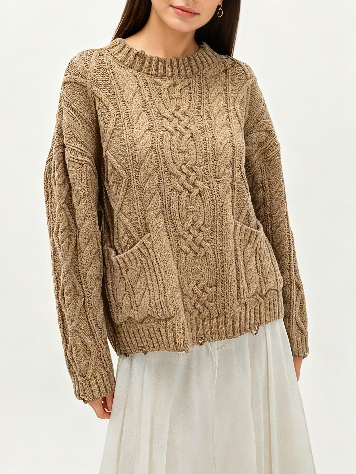 Patch Pocket Cable Knit Pullover Sweater - Khaki