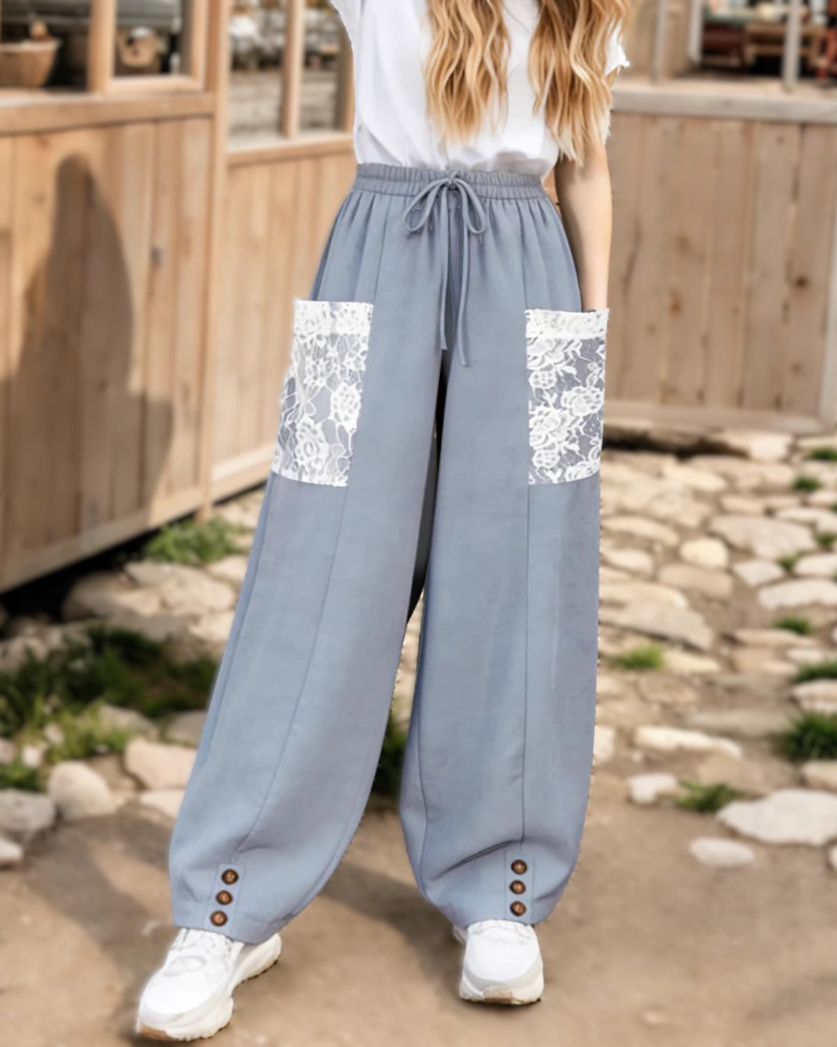 Boho Lace Pocket Balloon Harem Pants - Grey