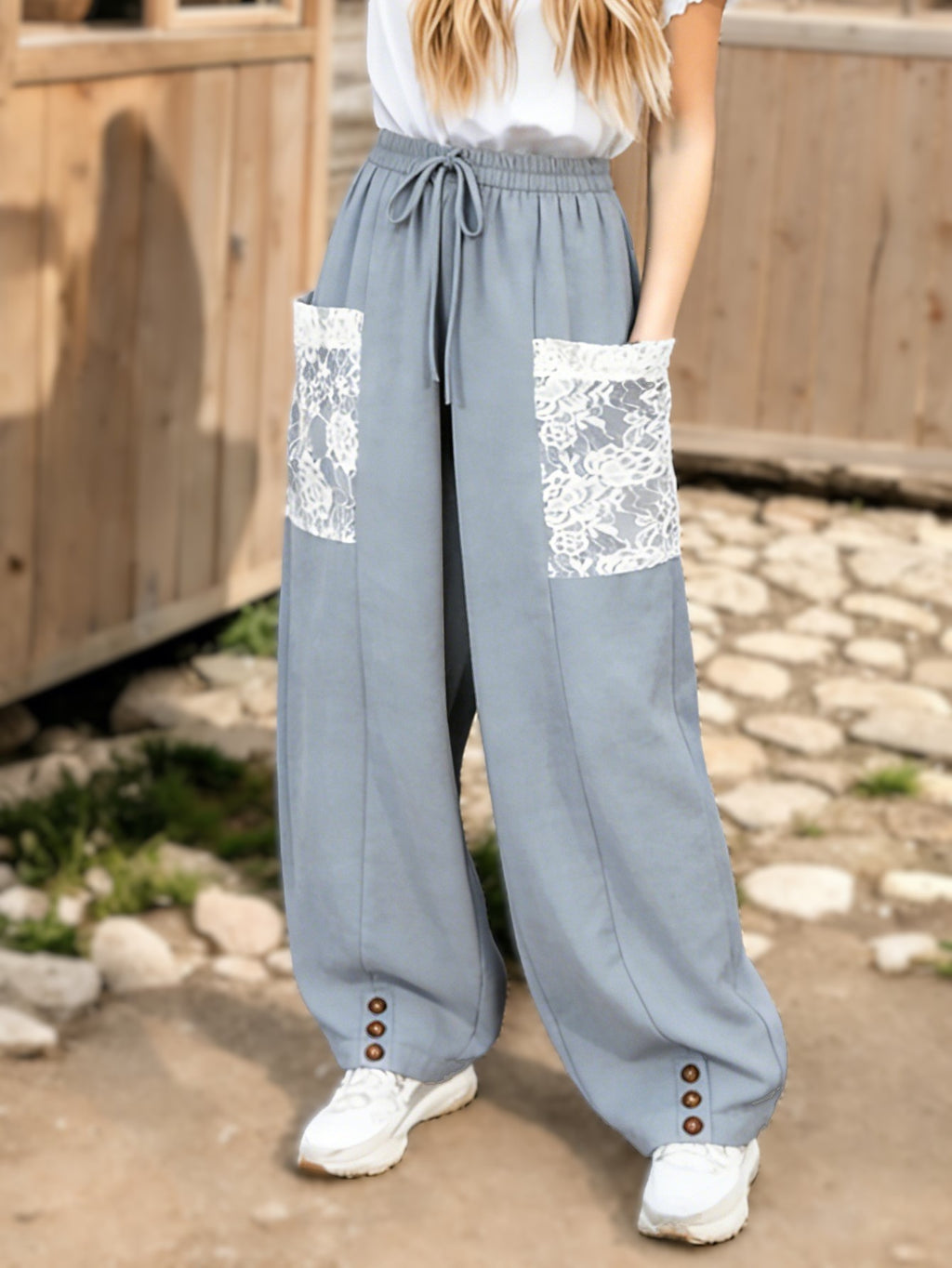 Boho Lace Pocket Balloon Harem Pants - Grey - 1