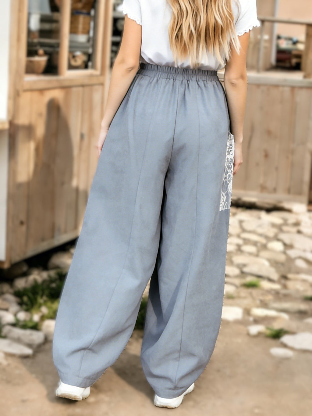 Boho Lace Pocket Balloon Harem Pants - Grey - 2