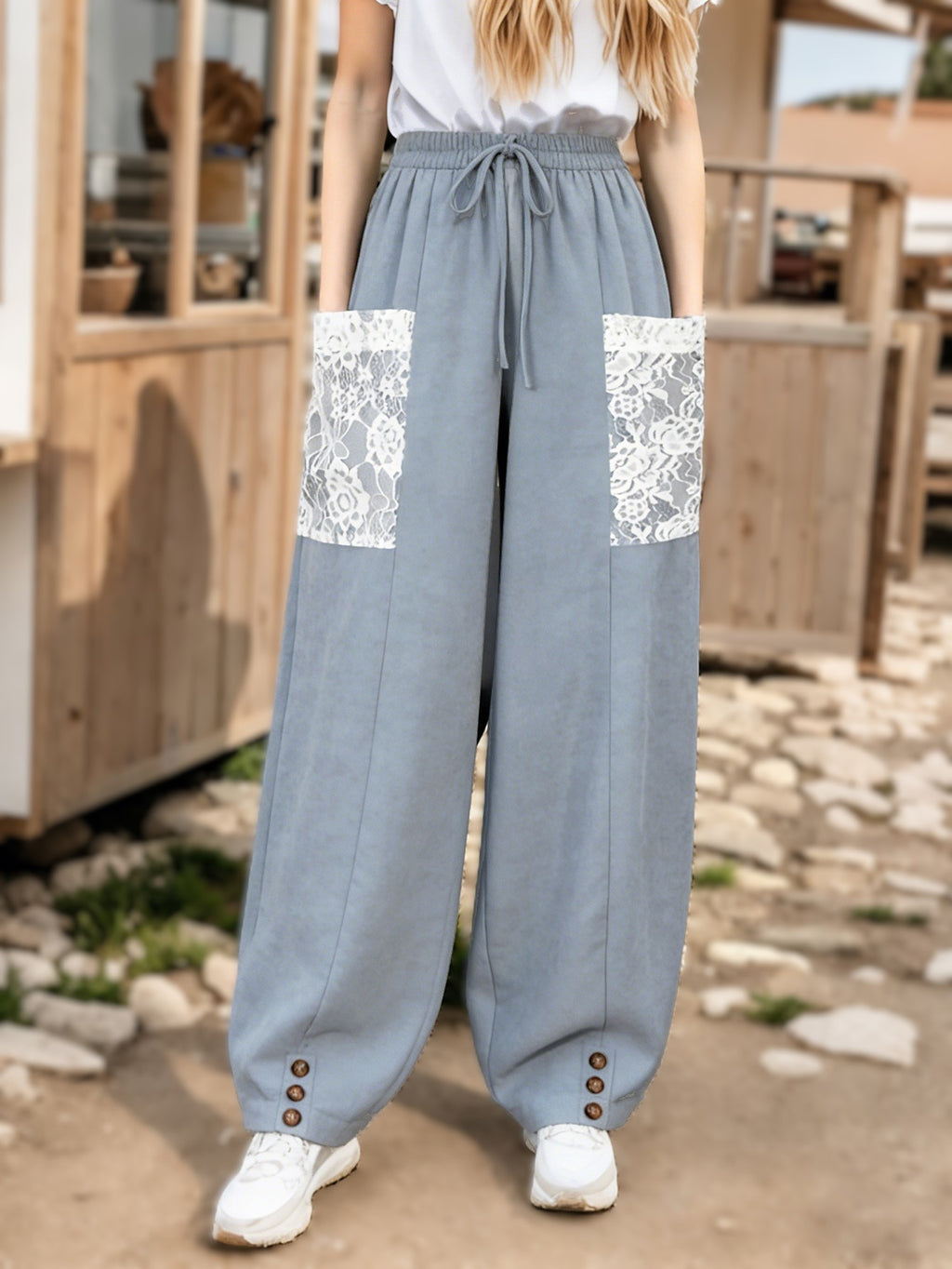 Boho Lace Pocket Balloon Harem Pants - Grey - 3