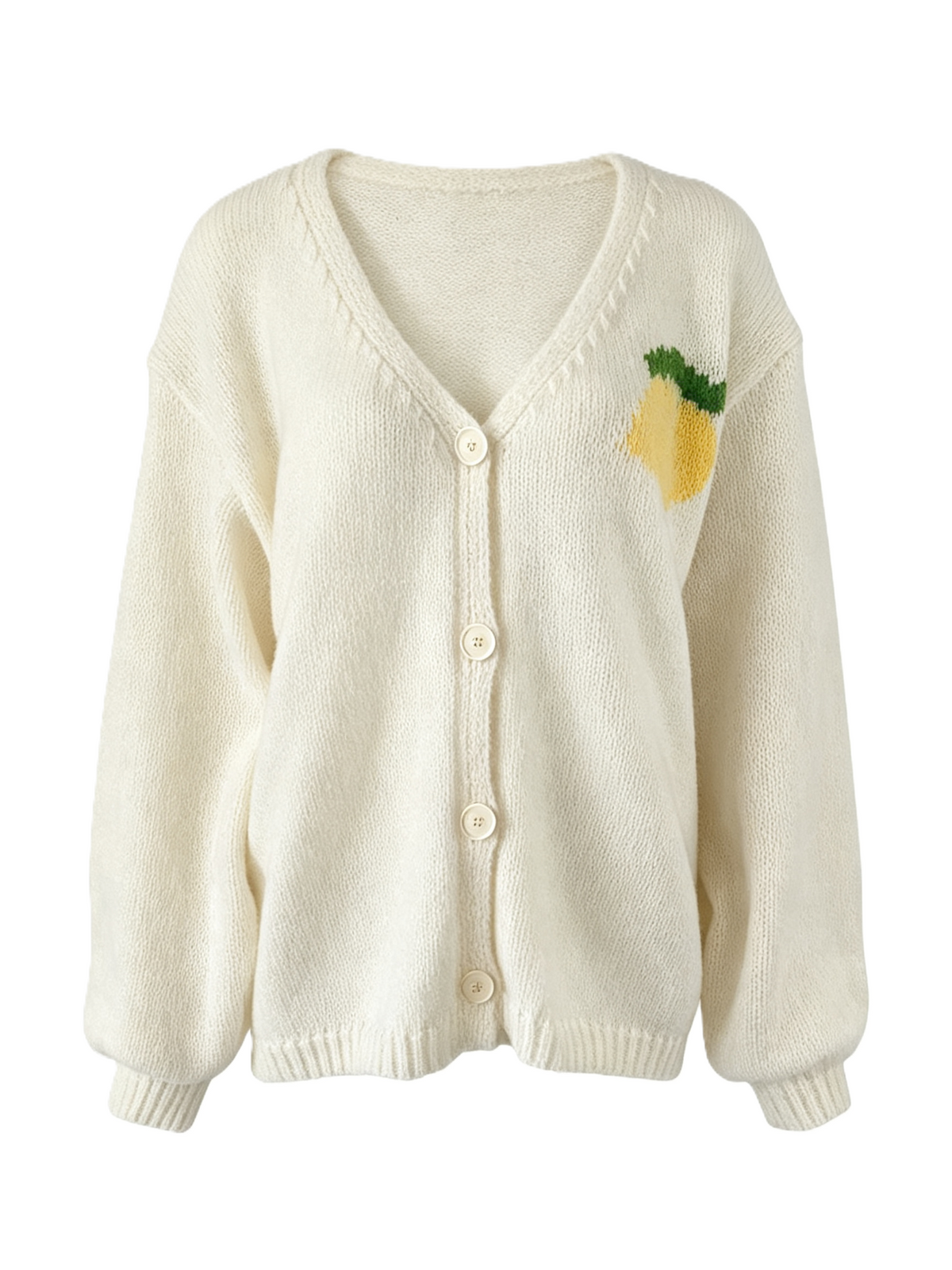 Lemon Graphic V Neck Button Cardigan - Beige