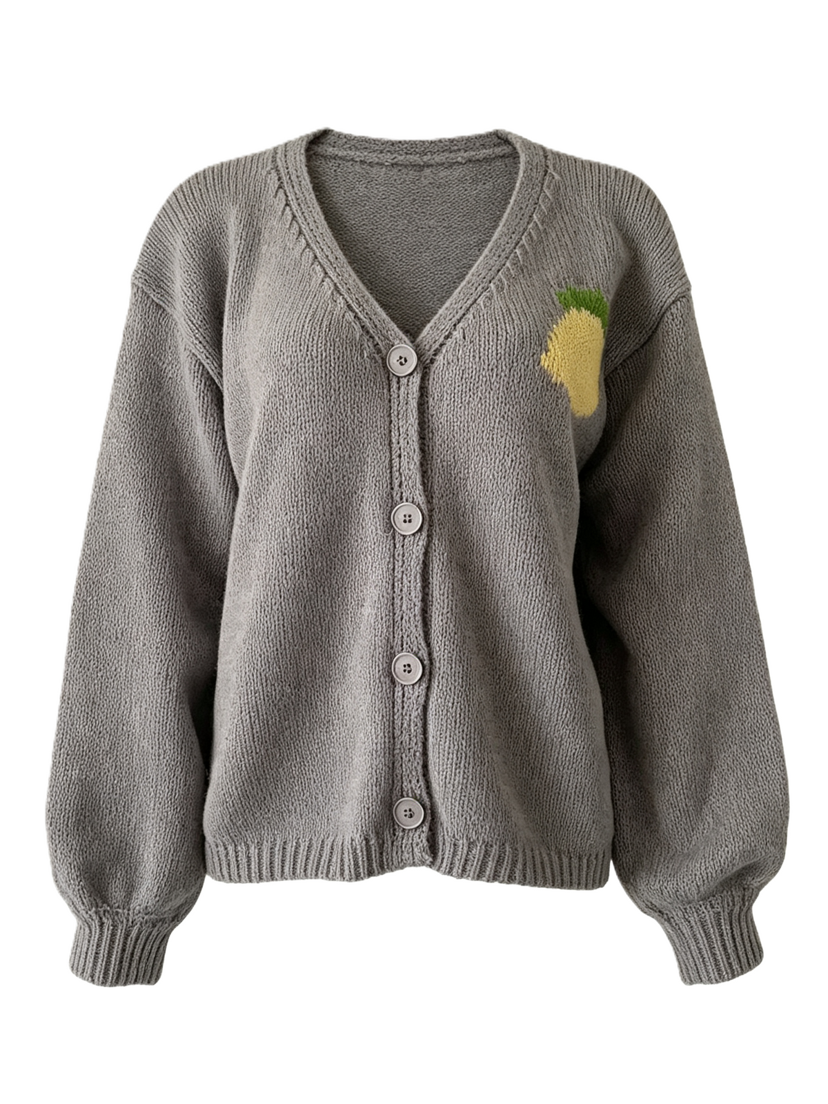 Lemon Graphic V Neck Button Cardigan - Grey