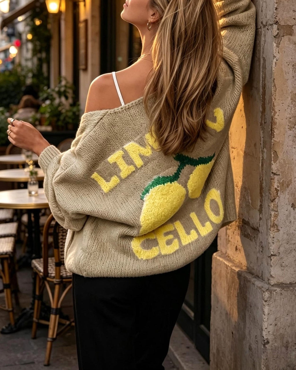 Lemon Graphic V Neck Button Cardigan - Khaki