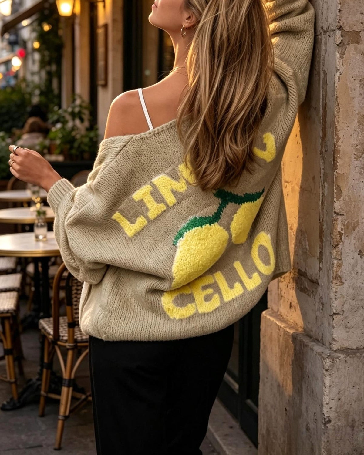 Lemon Graphic V Neck Button Cardigan - Khaki