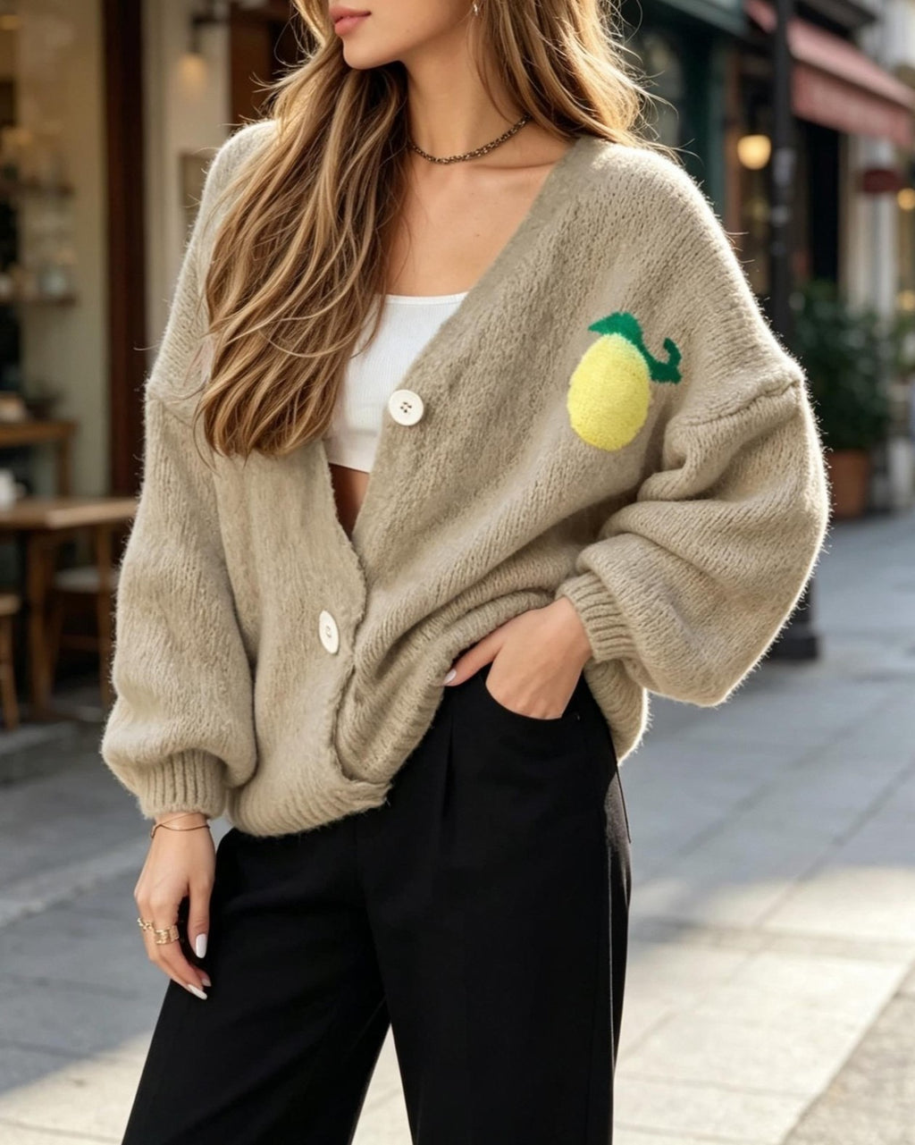 Lemon Graphic V Neck Button Cardigan - Khaki - 2