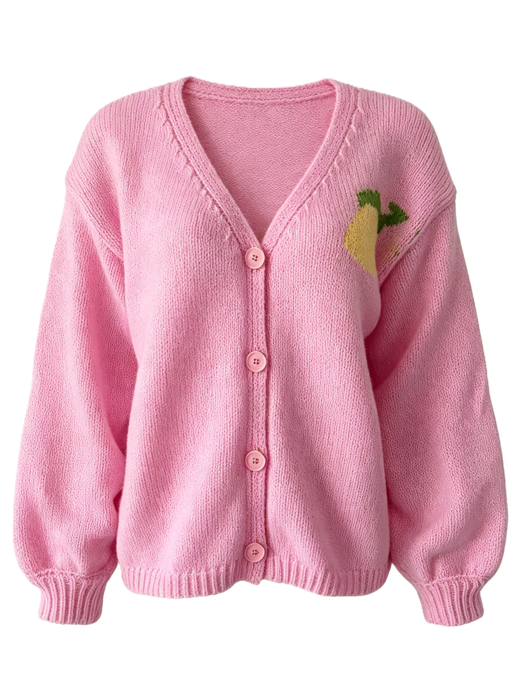 Lemon Graphic V Neck Button Cardigan - Pink