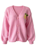 Lemon Graphic V Neck Button Cardigan - Pink