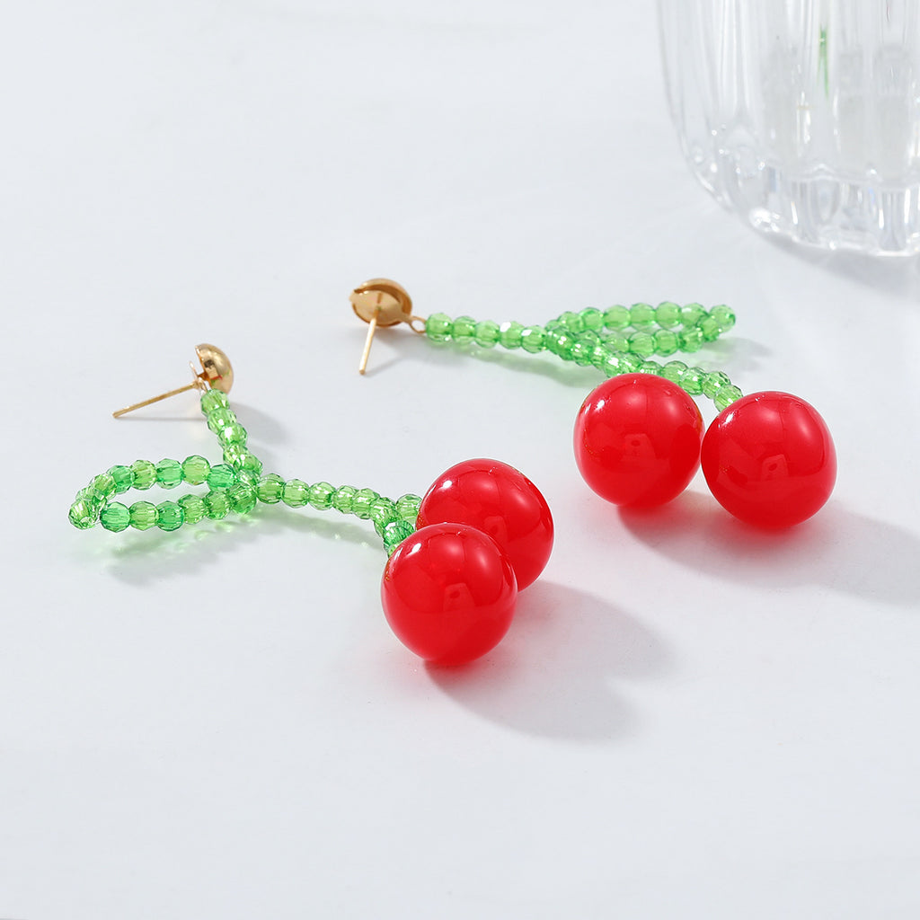 Beaded Cherry Drop Statement Earrings - Cherry - 1
