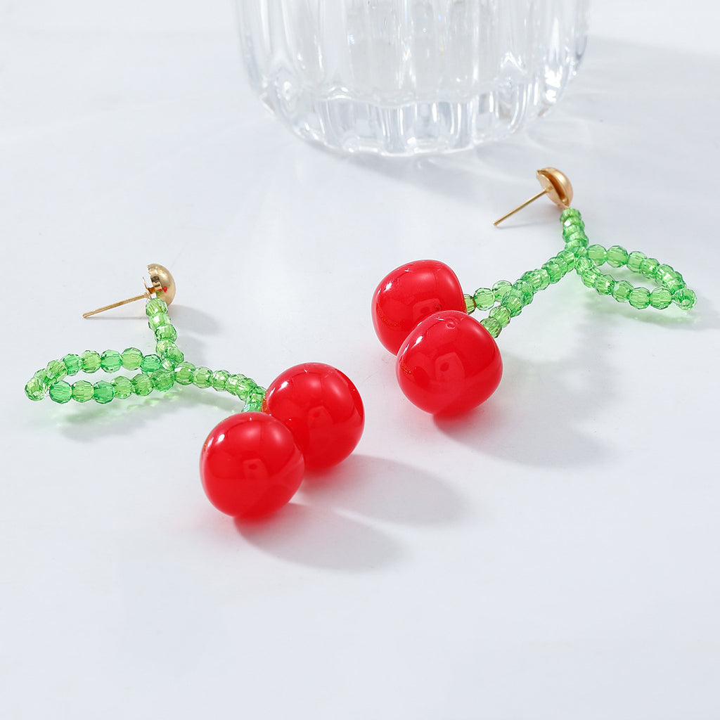 Beaded Cherry Drop Statement Earrings - Cherry - 2