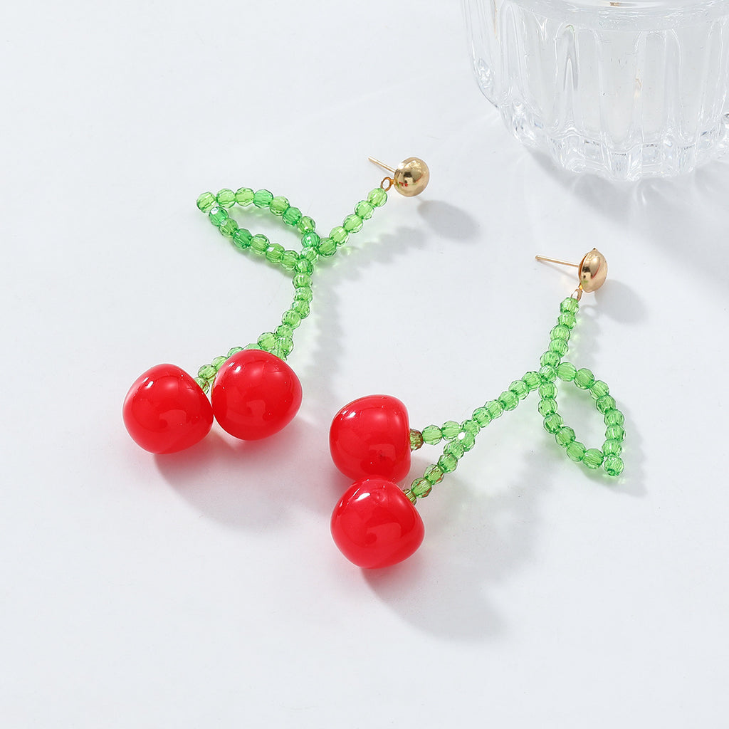 Beaded Cherry Drop Statement Earrings - Cherry - 3