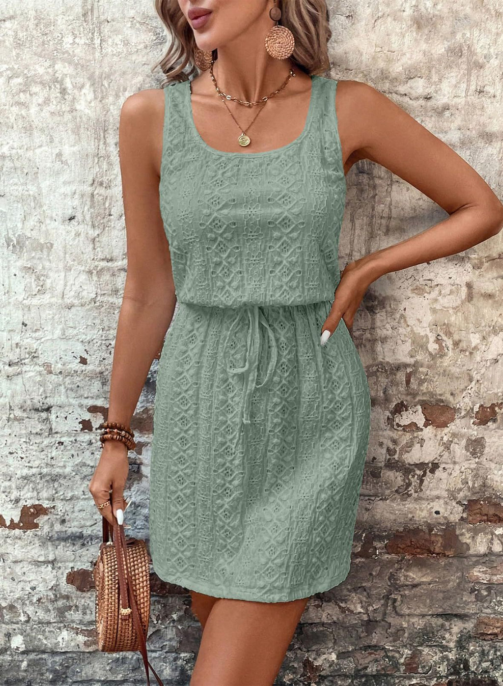 Jacquard Cut Out Drawstring Vest Dress - Green