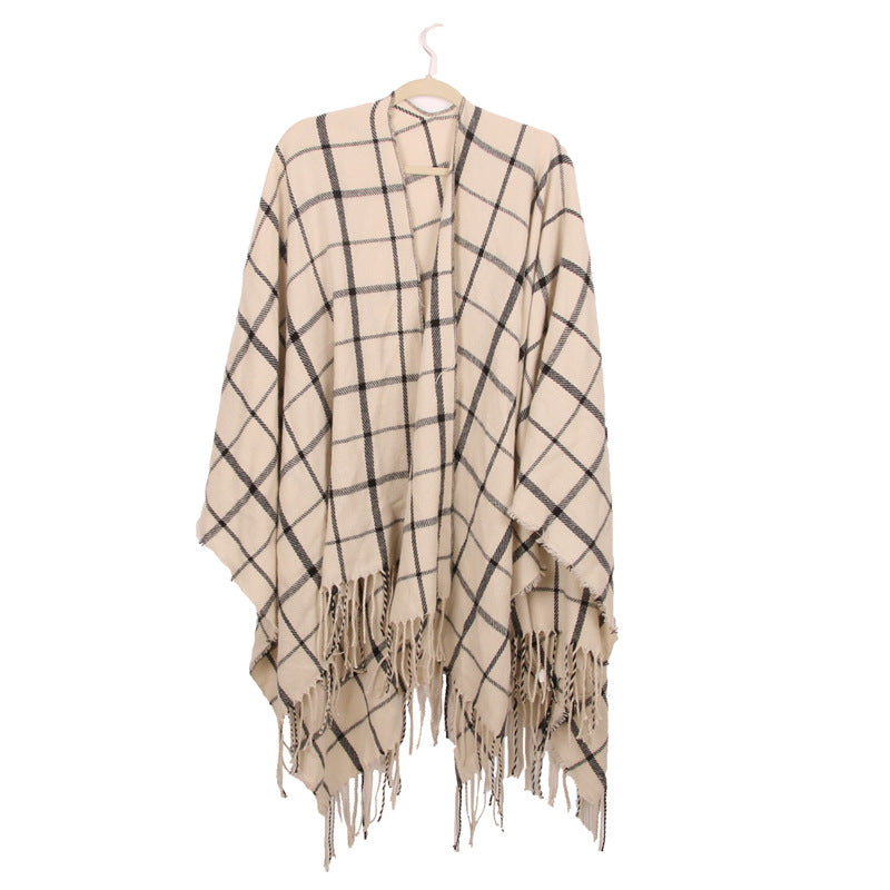 Tartan Plaid Fringed Ruana Poncho - BEIGE
