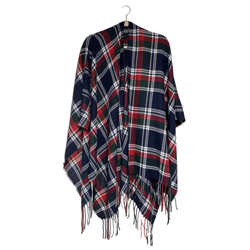 Tartan Plaid Fringed Ruana Poncho - Black
