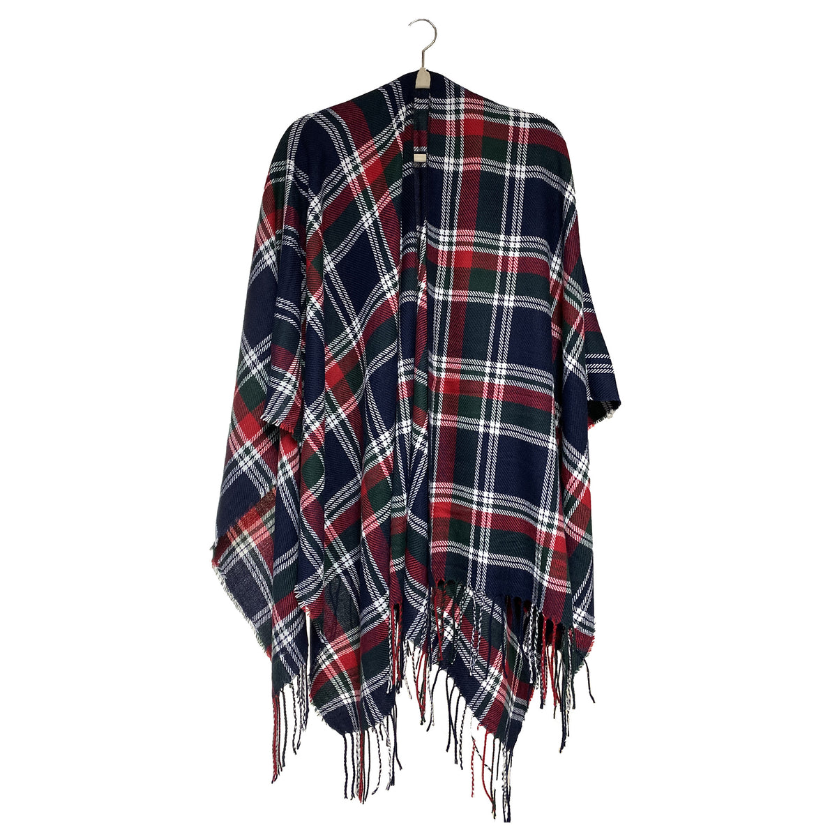 Tartan Plaid Fringed Ruana Poncho - Black