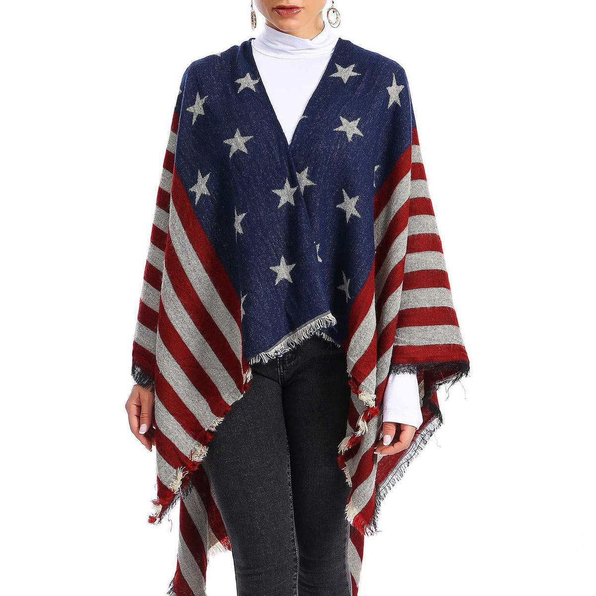 Tartan Plaid Fringed Ruana Poncho - Flag