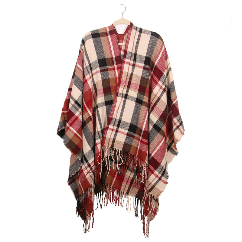 Tartan Plaid Fringed Ruana Poncho - K_RED