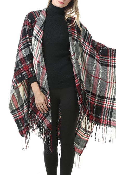 Tartan Plaid Fringed Ruana Poncho - R-BLACK