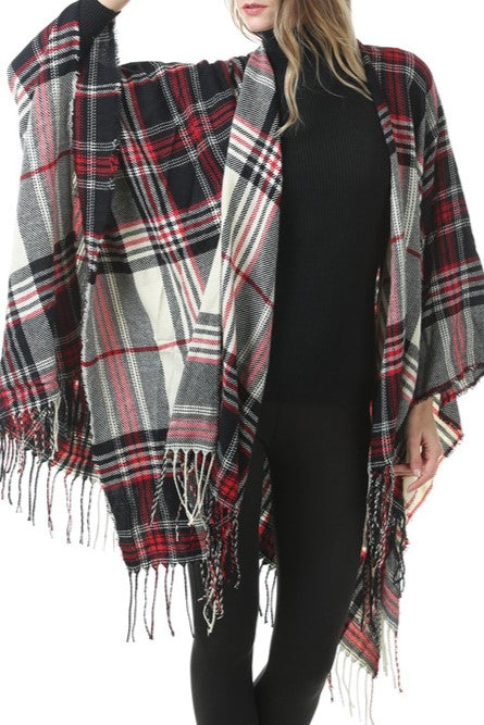 Tartan Plaid Fringed Ruana Poncho - R-BLACK - 1