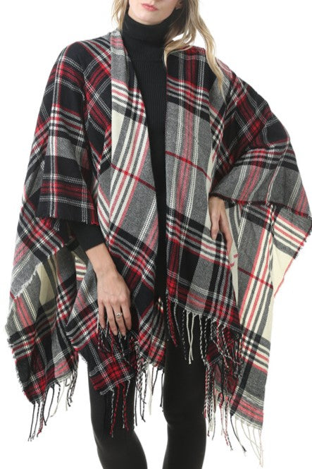 Tartan Plaid Fringed Ruana Poncho - R-BLACK - 2