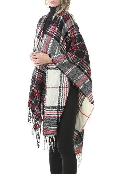 Tartan Plaid Fringed Ruana Poncho - R-BLACK - 3