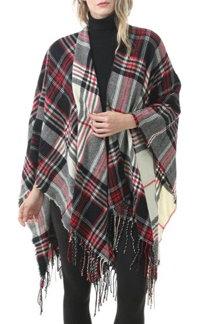 Tartan Plaid Fringed Ruana Poncho - R-BLACK - 4