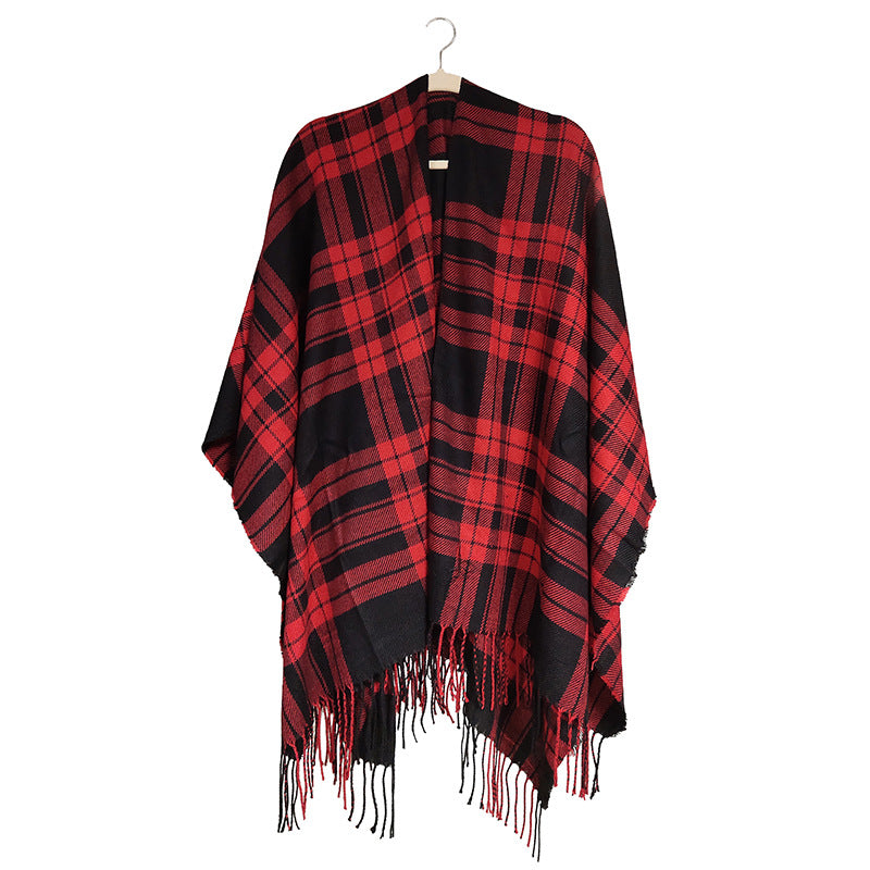 Tartan Plaid Fringed Ruana Poncho - RED