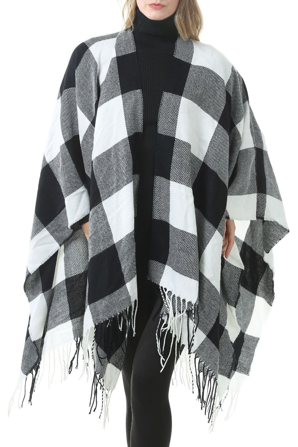 Tartan Plaid Fringed Ruana Poncho - W_Black