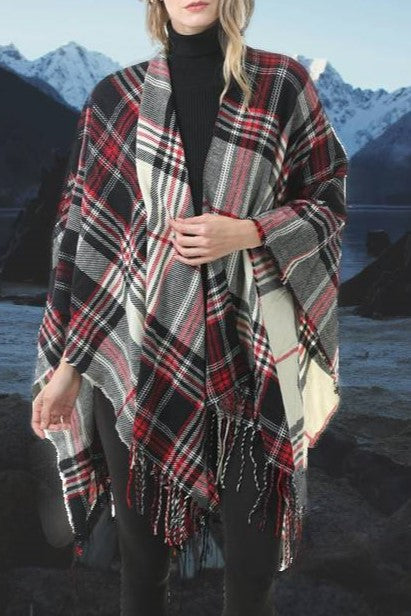 Tartan Plaid Fringed Ruana Poncho