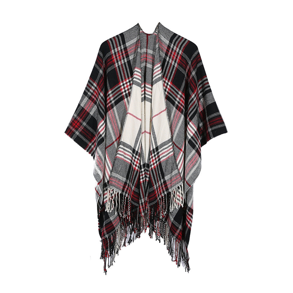 Tartan Plaid Fringed Ruana Poncho - view 1