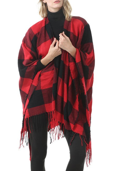 Tartan Plaid Fringed Ruana Poncho - view 2
