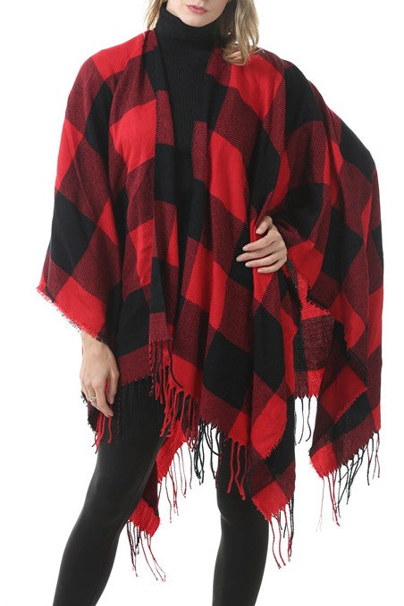 Tartan Plaid Fringed Ruana Poncho - view 3